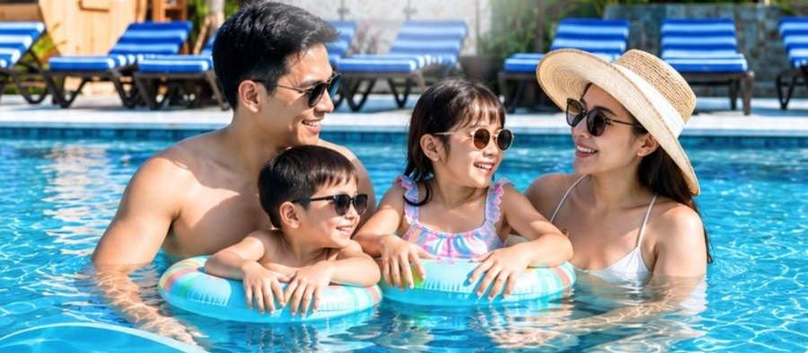 Keluarga bermain air di kolam renang Watermark Hotel & Spa Bali